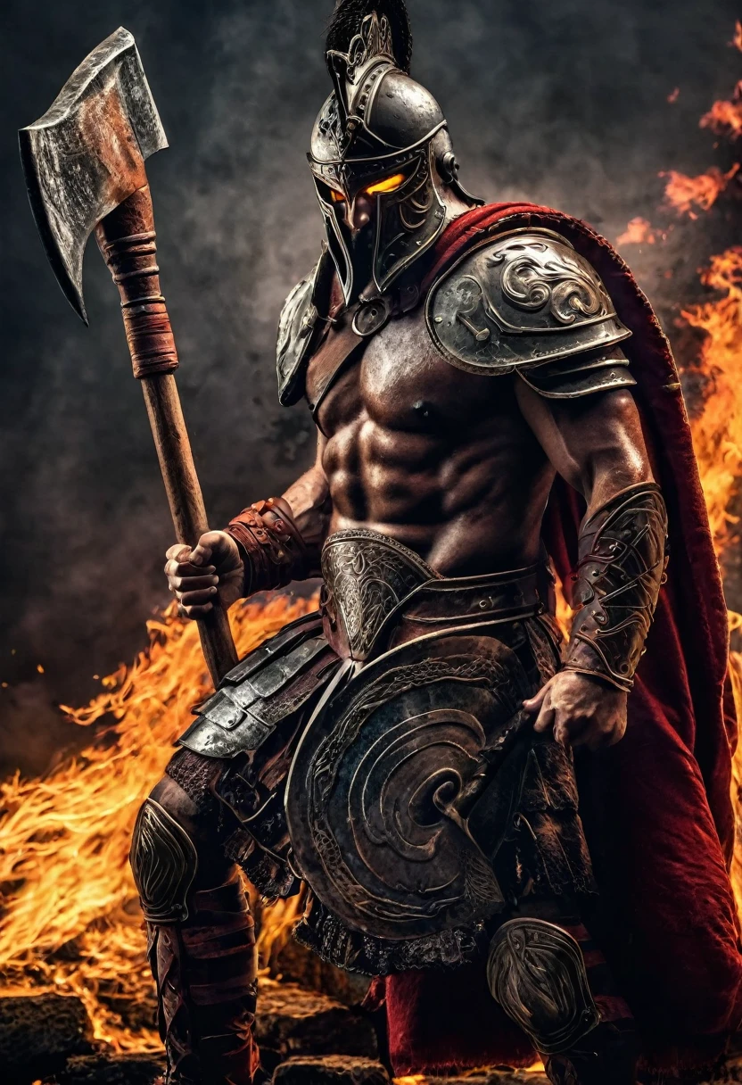 Ares warrior holding axe fire 