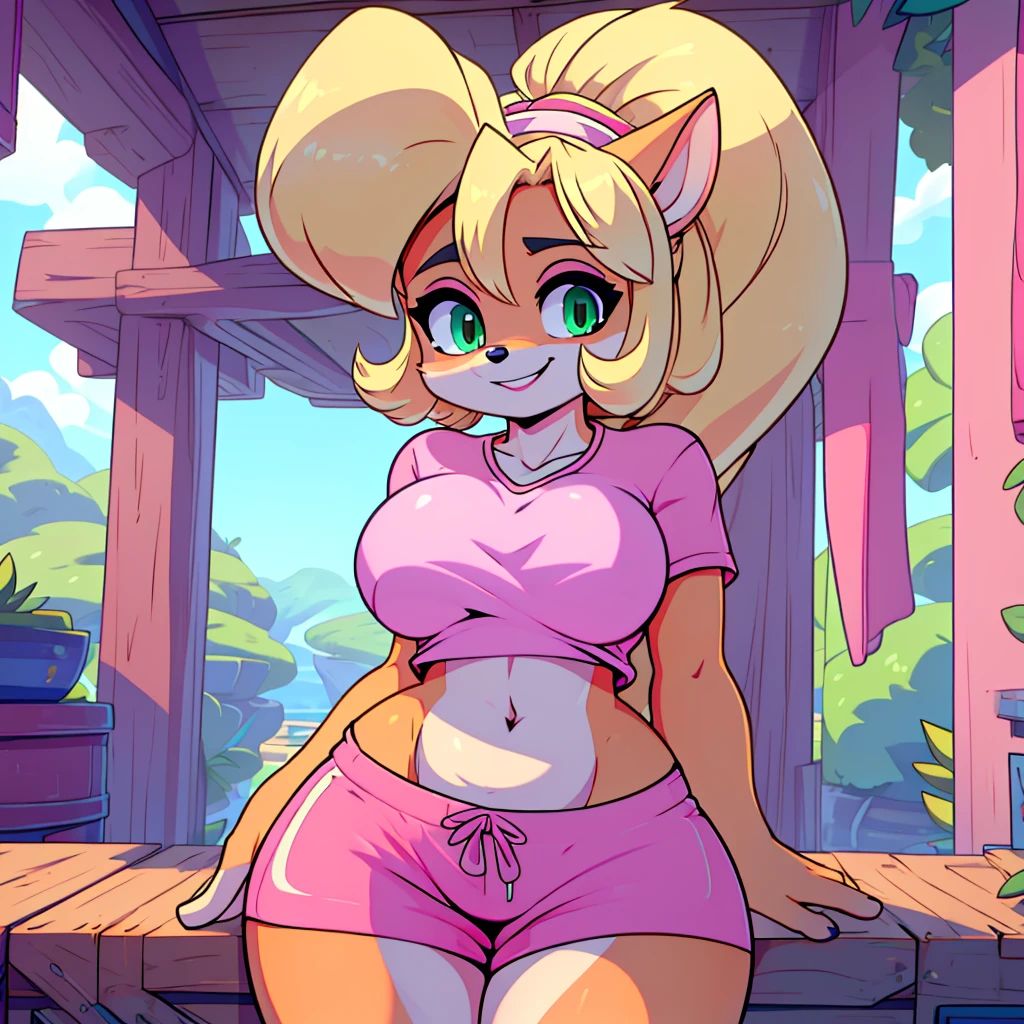 (masterpiece), ((perfect anatomy)), (high Res), (4k), bandicoot, green eyes, blonde hair, huge breast, wide hips, (((pink shirt))), (((pink shorts))), happy, ((((anime artstyle)))), (((solo))), narrow waist