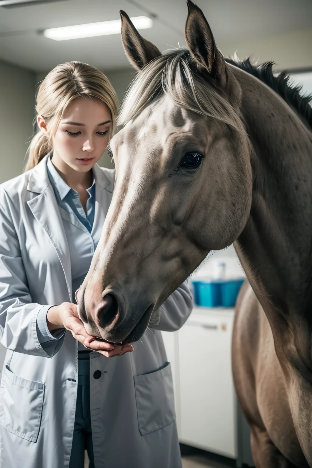 horse being attended to by a veterinarian, realisitic, gray horse, vet in a lab coat