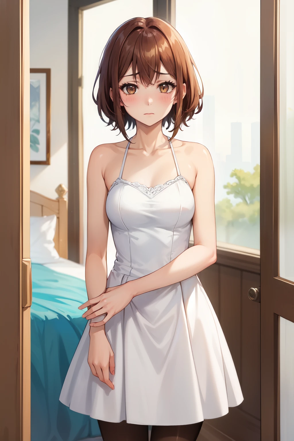 Highest quality, (masterpiece:1.2), Very detailed, 
One girl, alone,
View your viewers, Embarrassed expression, Medium chest, 
Brown eyes, Brown Hair, short hair, Wedding dress、pantyhose、Bedroom