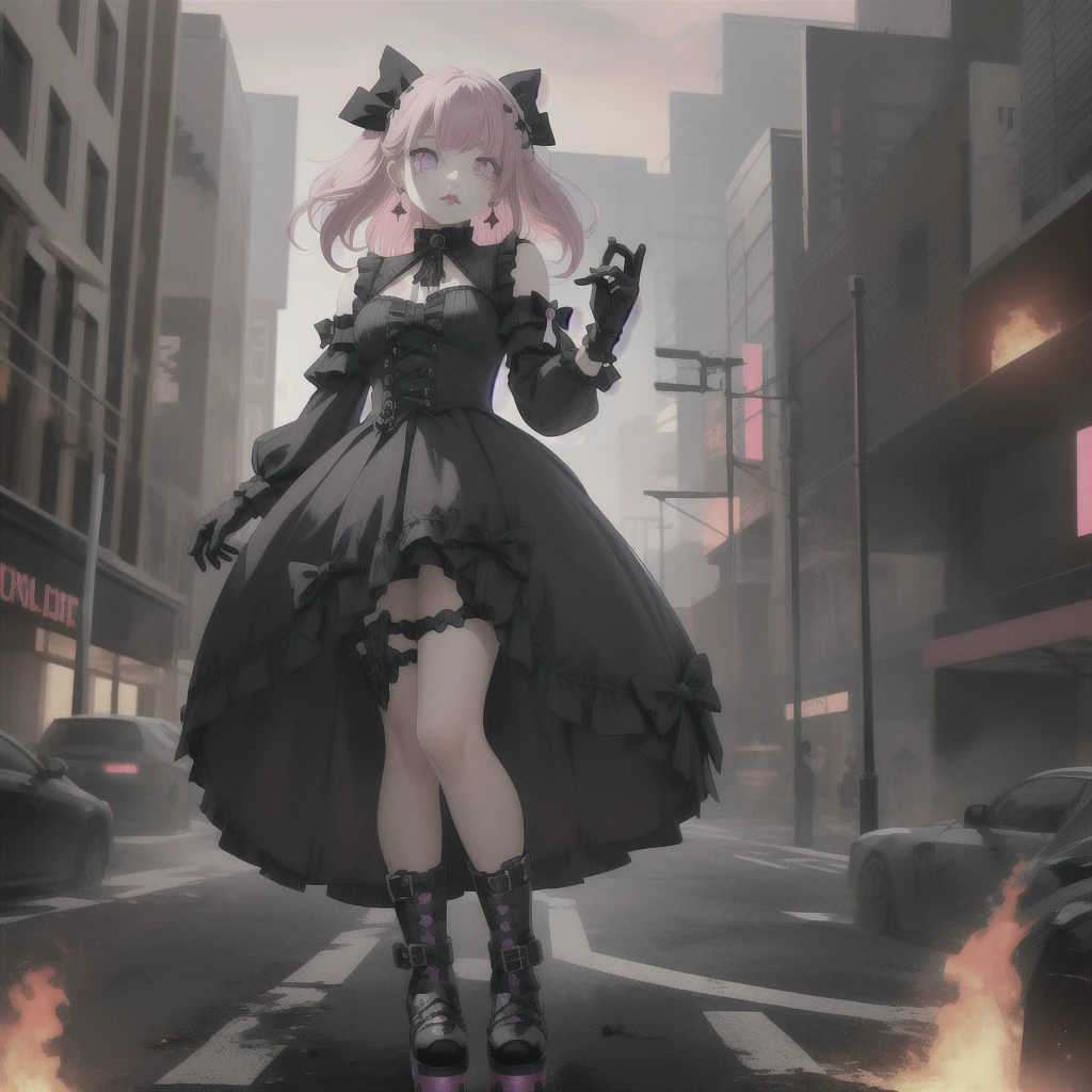 masterpiece, best quality, :/, pink hair, purple eyes,  hair bow, scenery, outdoors,  rampage, with tiny, tiny people, running away, scared, fire, smoke, red sky, ground view, from below, standing,goth,mall outfit,pentagram earrings,blaxk lipstick,obscured by fog,face obscured, platform boots,fingreless gloves,hotopic outfit,secenmo hair style,cute but scary,mature lady,big bosom,black and  white hair bow,goth gal,pink boots,chocker