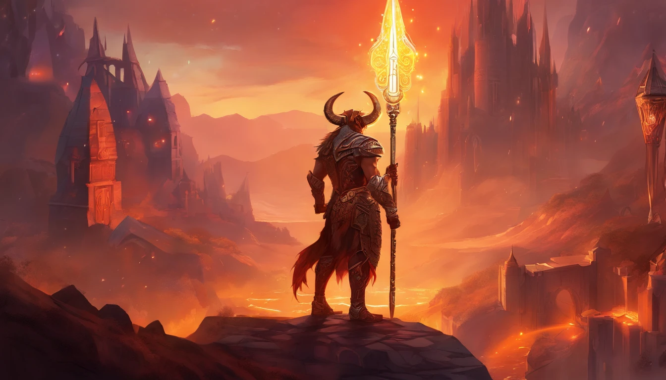 Ancient anime style, artbook, comicbook, RPG, futuristic medieval, steampunk. A fiery minotaur magic dwarf warrior, wearing battle armor with glowing magic markings, dynamic pose, full body, human face with glowing magic tribal tattoos with warm tones, minotaur features, ruby horns with glowing magic markings, minitaur tail , magical red stone skin with glowing carved marks, glowing eyes, using a technological magic long ax with glowing magic circuits. In a metropolis of a kingdom of an ancient civilization of dwarves with advanced technology, with tall buildings with neon details, mixing technology with magical vegetation, steampunk. Wide scenery, cinematic scene with several layers of depth, dynamics, magical lighting.