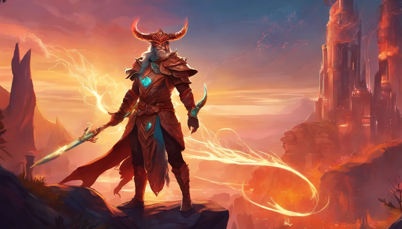 Ancient anime style, artbook, comicbook, RPG, futuristic medieval, steampunk. A fiery minotaur magic dwarf warrior, wearing battle armor with glowing magic markings, dynamic pose, full body, human face with glowing magic tribal tattoos with warm tones, minotaur features, ruby horns with glowing magic markings, minitaur tail , magical red stone skin with glowing carved marks, glowing eyes, using a technological magic long ax with glowing magic circuits. In a metropolis of a kingdom of an ancient civilization of dwarves with advanced technology, with tall buildings with neon details, mixing technology with magical vegetation, steampunk. Wide scenery, cinematic scene with several layers of depth, dynamics, magical lighting.
