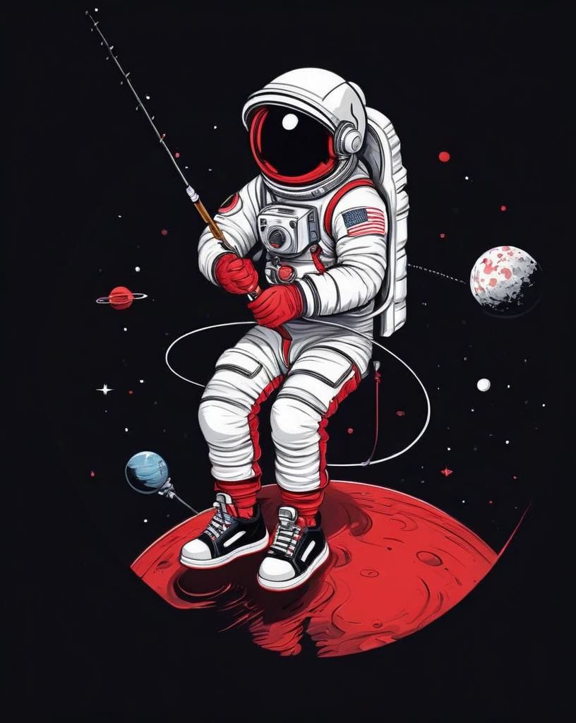 astronaut sitting on a small planet holding a fishing rod, wearing red and white sneakers, illustration, stylish, text logo: space, flat-colors, (black backdrop), High definition, 8K