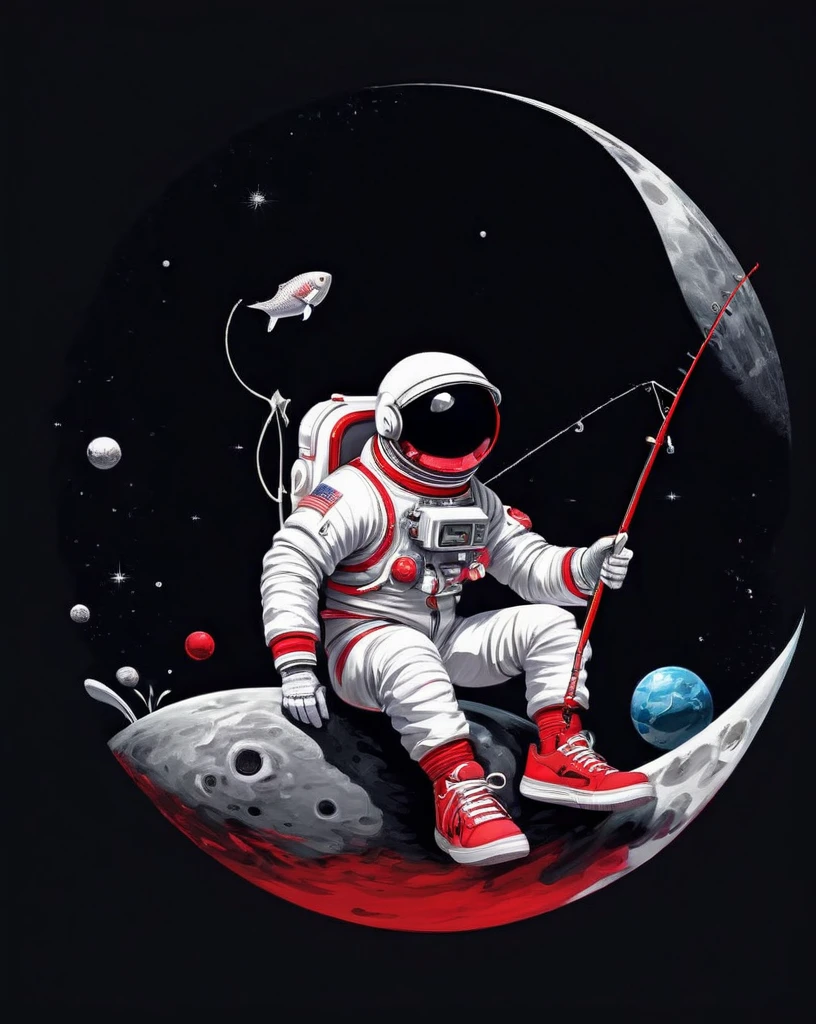 astronaut sitting on a small planet holding a fishing rod, wearing red and white sneakers, illustration, stylish, text logo: space, flat-colors, (black backdrop), High definition, 8K