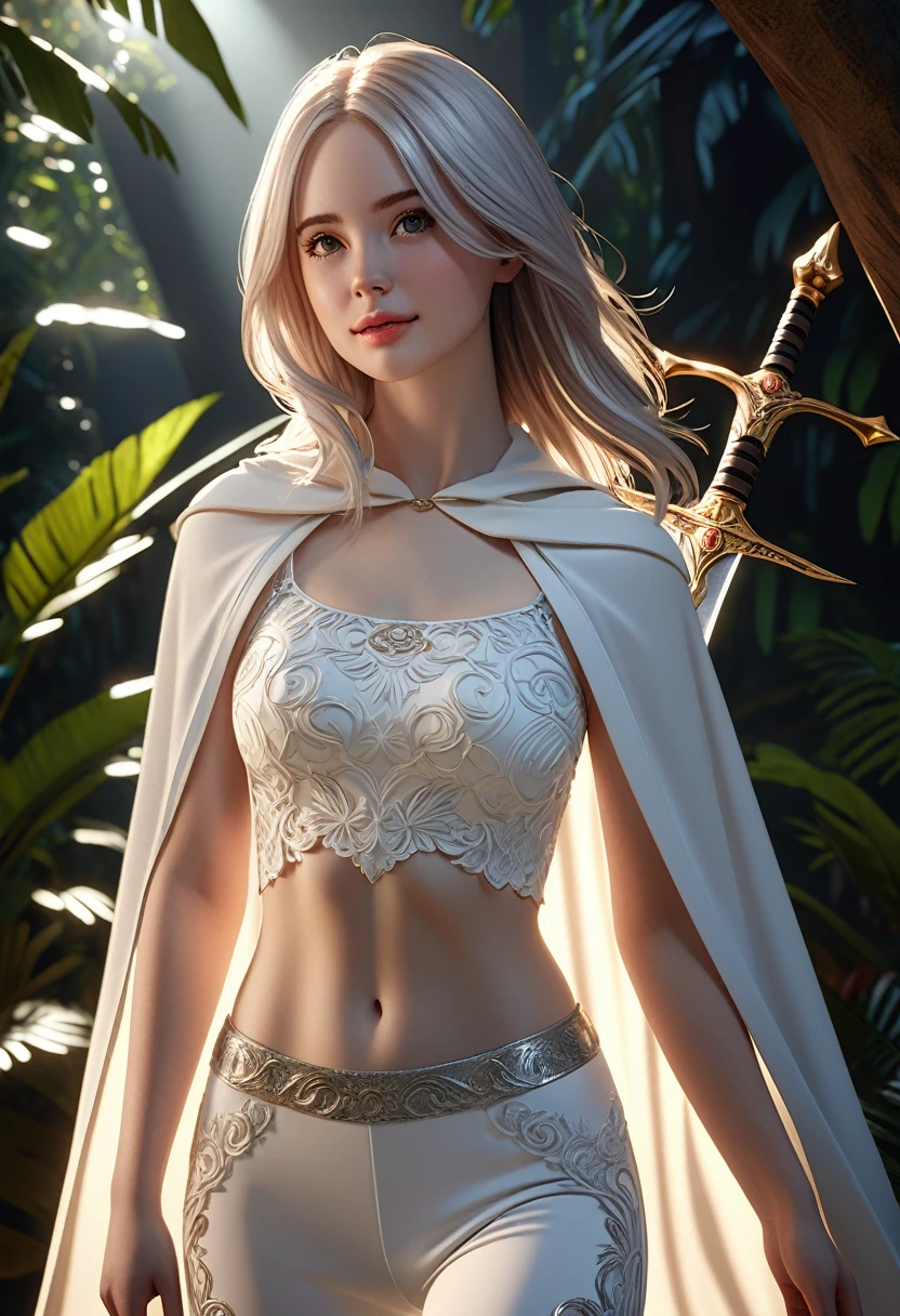 extremely beautiful young lady, subtle makeup, golden hour, photorealistic, high contrast, 8k HD, detailed, hyper-detailed, realistic skin texture, long dark hair, big breast, best quality, ultra high res, raw photo, dramatic lighting, unreal engine, diffuse glow  intricate silver eaba, white imperial cape, spear, sword, no helm Beautiful women with white porcelin skin. long wavey, pure-white-hair. White yoga pants, white yoga top. white cloak . extremely beautiful model, female, perky breasts,Wide Smile, Eyes Detailed & Wide, sexy Pose. Ultra HD, Rococo-Inspired Fantasy Art With Intricate Details. Cute, Charming Expression, Alluring-Gaze, looking at viewer Beautiful Eyes, An-Ideal-Figure. Large Youthful Well-Shaped-Breasts, Attractive ass showcased. Massive-Round-Bosom, slim waist, fit body, full lipsWarm lights , woman in a dreamy tropical rainforest at night, , delicate face, realistic, real, slim, large aperture, sexy shots, attractive poses. symmetrical face, photorealistic, photography, path tracing, specular lighting, volumetric face light, path traced hairmaximum quality{(masutepiece) (8K High Resolution) (top-quality). Karen Gillan with white hair.
