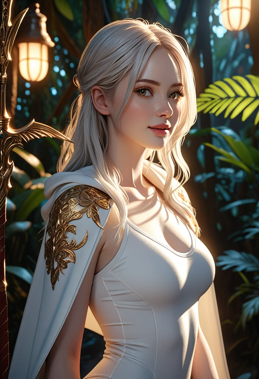 extremely beautiful young lady, subtle makeup, golden hour, photorealistic, high contrast, 8k HD, detailed, hyper-detailed, realistic skin texture, long dark hair, big breast, best quality, ultra high res, raw photo, dramatic lighting, unreal engine, diffuse glow  intricate silver eaba, white imperial cape, spear, sword, no helm Beautiful women with white porcelin skin. long wavey, pure-white-hair. White yoga pants, white yoga top. white cloak . extremely beautiful model, female, perky breasts,Wide Smile, Eyes Detailed & Wide, sexy Pose. Ultra HD, Rococo-Inspired Fantasy Art With Intricate Details. Cute, Charming Expression, Alluring-Gaze, looking at viewer Beautiful Eyes, An-Ideal-Figure. Large Youthful Well-Shaped-Breasts, Attractive ass showcased. Massive-Round-Bosom, slim waist, fit body, full lipsWarm lights , woman in a dreamy tropical rainforest at night, , delicate face, realistic, real, slim, large aperture, sexy shots, attractive poses. symmetrical face, photorealistic, photography, path tracing, specular lighting, volumetric face light, path traced hairmaximum quality{(masutepiece) (8K High Resolution) (top-quality). Karen Gillan with white hair.
