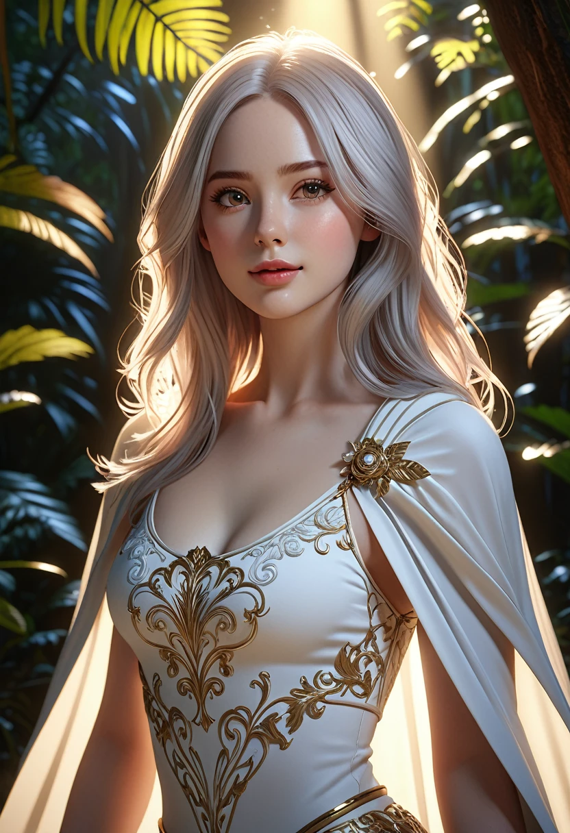 extremely beautiful young lady, subtle makeup, golden hour, photorealistic, high contrast, 8k HD, detailed, hyper-detailed, realistic skin texture, long dark hair, big breast, best quality, ultra high res, raw photo, dramatic lighting, unreal engine, diffuse glow  intricate silver eaba, white imperial cape, spear, sword, no helm Beautiful women with white porcelin skin. long wavey, pure-white-hair. White yoga pants, white yoga top. white cloak . extremely beautiful model, female, perky breasts,Wide Smile, Eyes Detailed & Wide, sexy Pose. Ultra HD, Rococo-Inspired Fantasy Art With Intricate Details. Cute, Charming Expression, Alluring-Gaze, looking at viewer Beautiful Eyes, An-Ideal-Figure. Large Youthful Well-Shaped-Breasts, Attractive ass showcased. Massive-Round-Bosom, slim waist, fit body, full lipsWarm lights , woman in a dreamy tropical rainforest at night, , delicate face, realistic, real, slim, large aperture, sexy shots, attractive poses. symmetrical face, photorealistic, photography, path tracing, specular lighting, volumetric face light, path traced hairmaximum quality{(masutepiece) (8K High Resolution) (top-quality). Karen Gillan with white hair.
