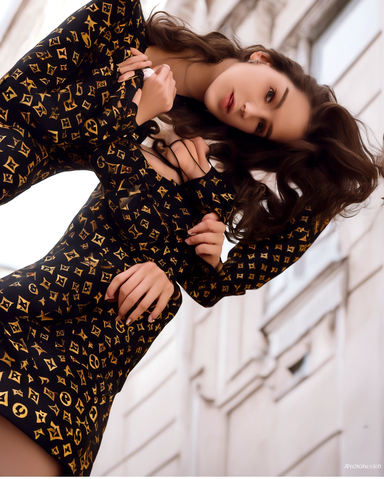 21-year-old girl, brunette, with wavy hair, stands in front of a Louis Vuitton shop, touching her hair. She showcases a slender figure and a model-like appearance, wearing Louis Vuitton pantyhose and a Louis Vuitton crop top, capturing the elegance and sophistication of the moment. Emphasizing the beauty of the surroundings, she exudes a stylish presence, big breasts, the image is taken from the front, providing a beautiful and alluring gaze, she lifts her skirt to show her pantyhose