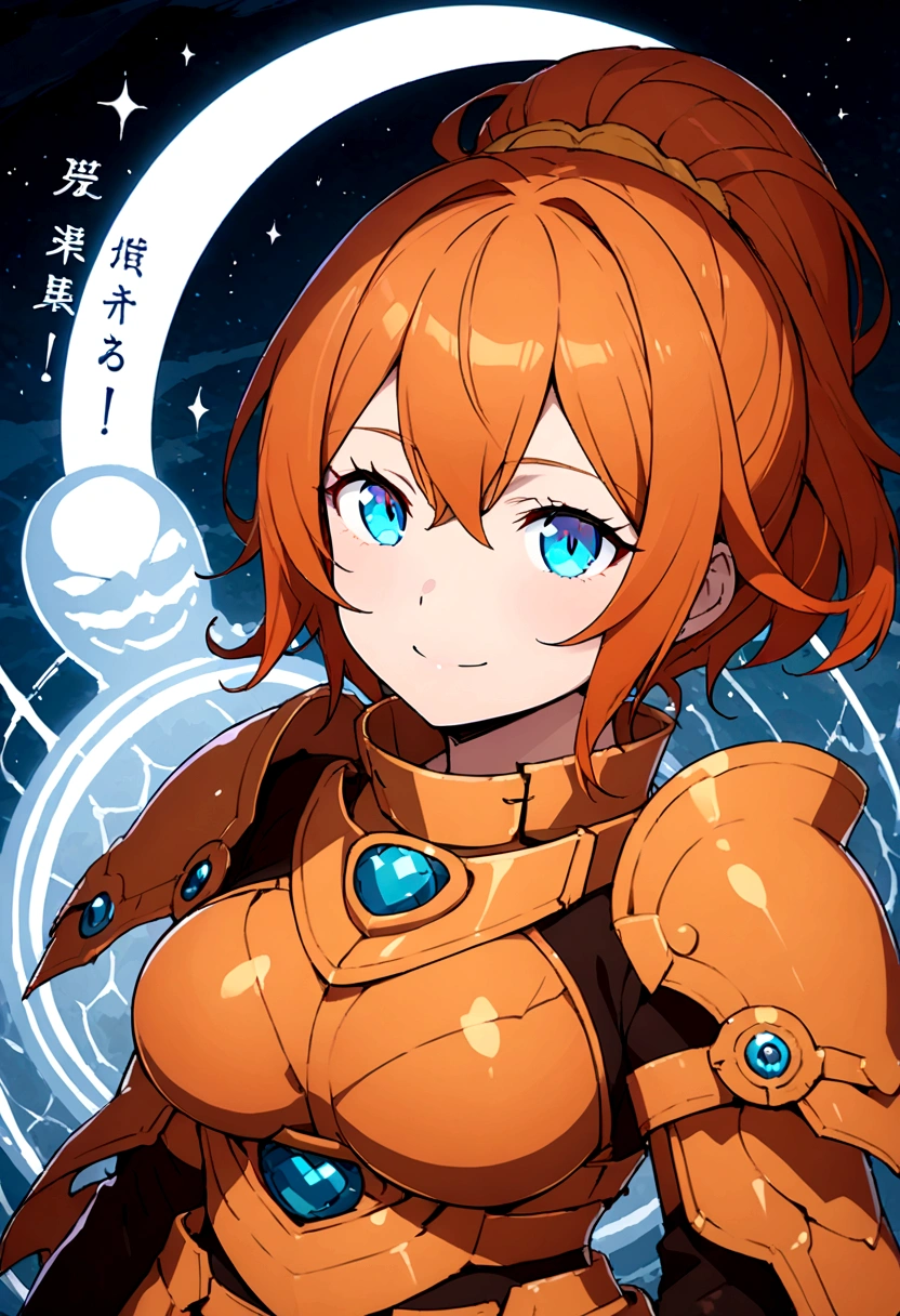 adult stone, sun orange hair, Blue eyes, big breasts, armor, Guerrero, beautiful face, beautiful smile