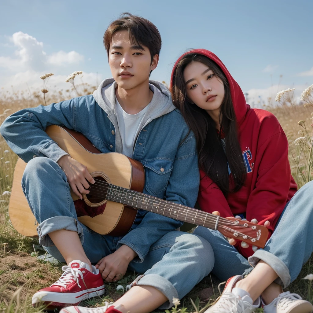 real potrait, long shot, full body, a Korean man with short hair wearing blue flannel wearing jeans wearing red shoes, is holding a guitar, Beside him was a Korean woman with long hair wearing a red hoodie, wearing jeans, white shoes, sitting together in a field full of weeds, romantic atmosphere, clear blue sky, charming bright colors