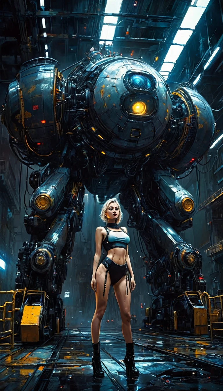 (highly detailed,cinematic lighting,dramatic colors,intricate machinery,futuristic technology,epic scale,moody atmosphere,sexy girl in scene, dark and gritty,masterpiece,best quality,8k,photorealistic,professional) (art inspired in Bill Sienkiewicz). oil painting)
