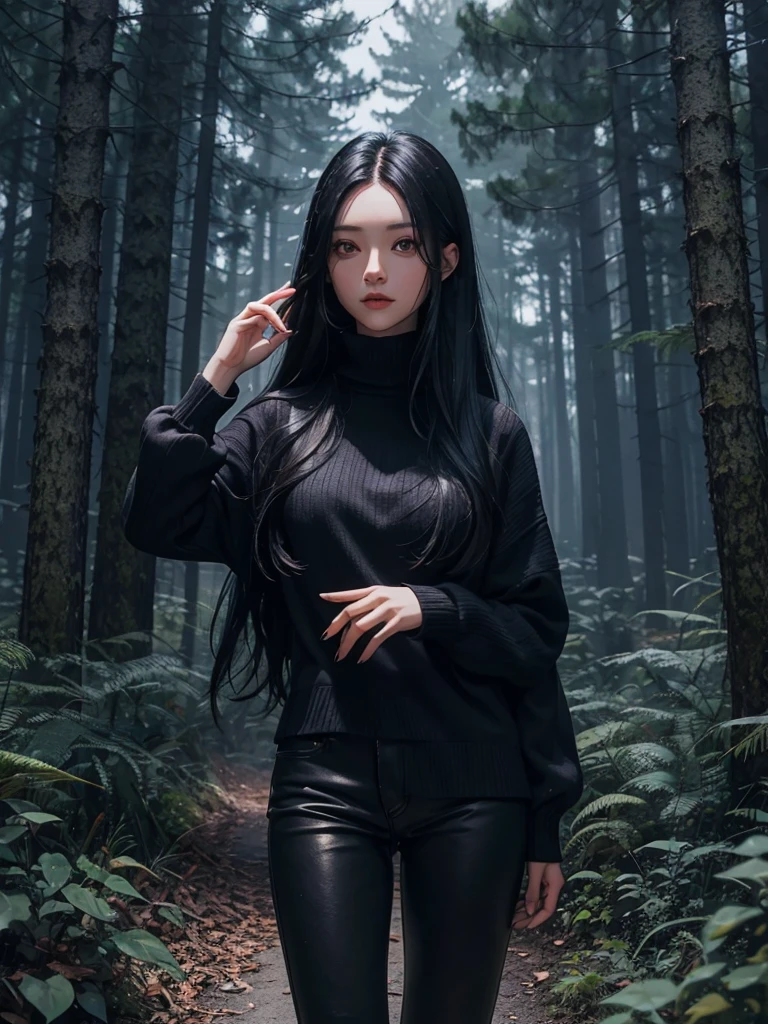 A dark forest with a girl with long black hair, golden eyes, blue sweater and black pants raising her hand with her power