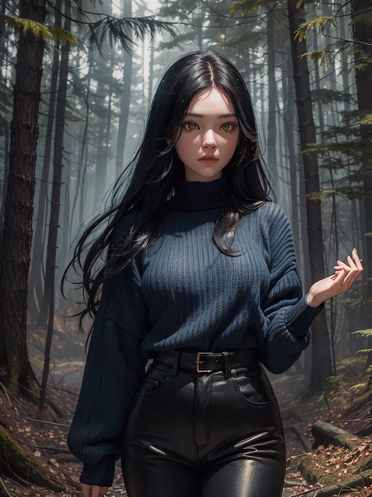 A dark forest with a girl with long black hair, golden eyes, blue sweater and black pants raising her hand with her power
