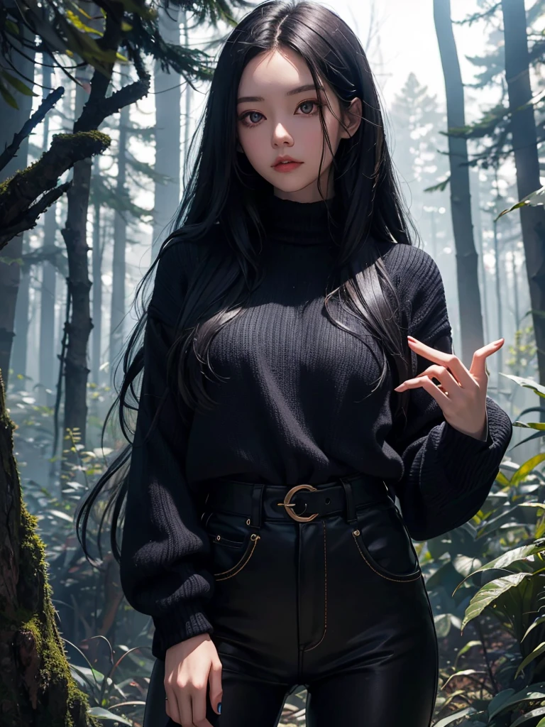 A dark forest with a girl with long black hair, golden eyes, blue sweater and black pants raising her hand with her power 