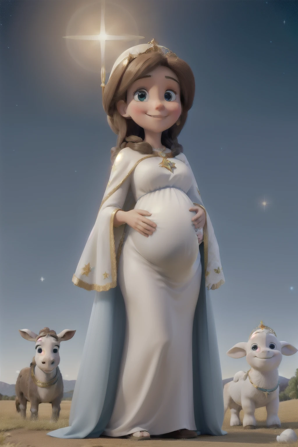 best qualityer, image with white background, virgin mary, pregnant woman with a golden halo over her head, looking sweetly and tenderly at your belly, hands on belly, Grinning, brownhair, white cloak with light blue details, wearing light blue veil, with angels around you, a donkey by your side, bright star passing overhead in the starry sky
