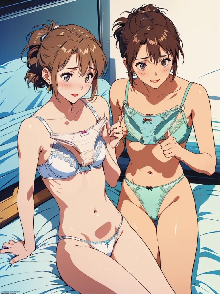 masterpiece, top quality, ultra detailed, ((((AIKA_SUMERAGI, folded ponytail, best anatomy, in underwear, (panties, elaborately designed luxury panties for adults, panties high definition images, draw panties with super precision), lace trimmed bra, extremely detailed texture, earrings, red lip, embarrassed, blush, smile)))), cowboy shot, (((underwear in bed room))), white skin, (presenting panties), (display panties),holding panties with both hands,(panties taken off:1.5), (panties are on bed:2.0), from above