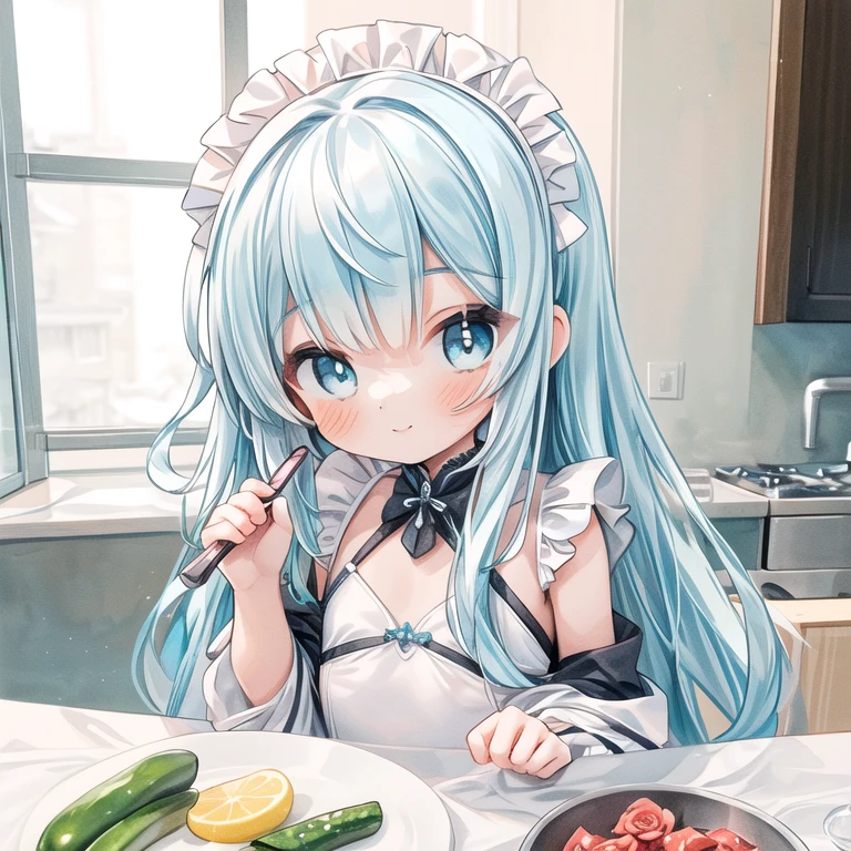 masterpiece, best quality, extremely detailed, (illustration, official art:1.1), 1 girl ,(((( light blue long hair)))), ,(((( light blue long hair)))),light blue hair, , long hair ((blush)) , cute face, big eyes, masterpiece, best quality,(((((a very delicate and beautiful girl))))),Amazing,beautiful detailed eyes,blunt bangs((((little delicate girl)))),tareme(true beautiful:1.2), sense of depth,dynamic angle,,,, affectionate smile, (true beautiful:1.2),,(tiny 1girl model:1.2),)(flat chest),Maid Outfit, beautiful maid in white latex outfit cutting cucumber in kitchen with knive, pretty face , pretty features, pretty pose, delicate, innocent, pretty kitchen, roses, light, detailed, acrylic, watercolor, 、Girl preparing salad in kitchen, vegetables
