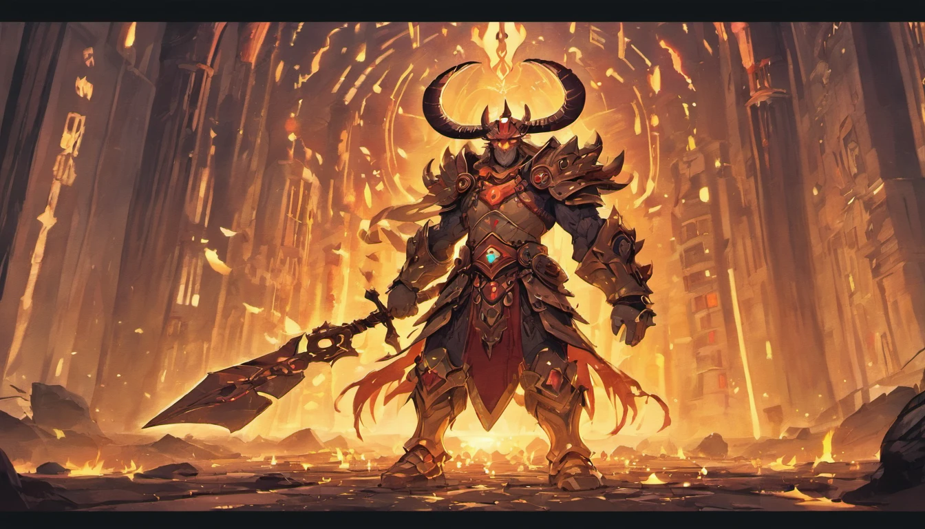 Ancient anime style, artbook, comicbook, RPG, futuristic medieval, steampunk.  A fiery minotaur magic dwarf warrior, wearing battle armor with glowing magic markings, dynamic pose, full body, human face with glowing magic tribal tattoos with warm tones, minotaur features, ruby ​​horns with glowing magic markings, minitaur tail , magical red stone skin with glowing carved marks, glowing eyes, using a technological magic long ax with glowing magic circuits.  In a metropolis of a kingdom of an ancient civilization of dwarves with advanced technology, with tall buildings with neon details, mixing technology with magical vegetation, steampunk.  Wide scenery, cinematic scene with several layers of depth, dynamics, magical lighting.