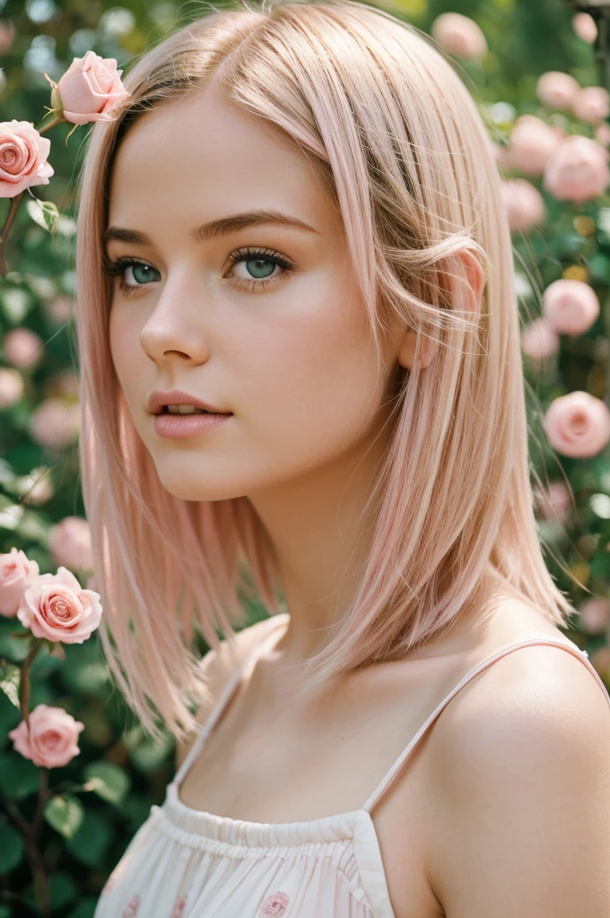 8k, photo and gross, fujifilm, Style photography of a beautiful young girl like Avril in a light pink rose garden. (very detailed skin: 1.2) Style-Petal BREAK short hair, blonde hair with colored highlights, wearing a dress, film grain, 35mm, beautiful style