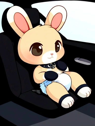 ((Rabbit)), animal crossing style, cute , chibi, small, small paws, small feet, wearing diaper, leather wrist, cuffs, leather ankle cuffs, padded leather mittens, prisoner collar, sit on baby car seat, tied to baby car seat , in laboratory, full body view, drawn like in the series