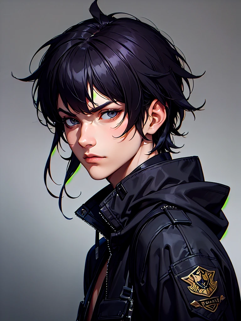 ((Portrait)), He has a Stoic and Nonchalant Appearance, with Youthful Charm and a Slim, Slightly Fit Build. He Expresses an Indifferent and Lazy Look, Giving Off a Carefree Attitude. He has Light Gray Eyes, His Hair is Short and Tousled, Jet Black, with Uneven Bangs. He Wears a Oversized, Black Bomber-Style Tactical Coat, with Hood and Tactical Straps. ((Portrait, HDR, Dark Background))