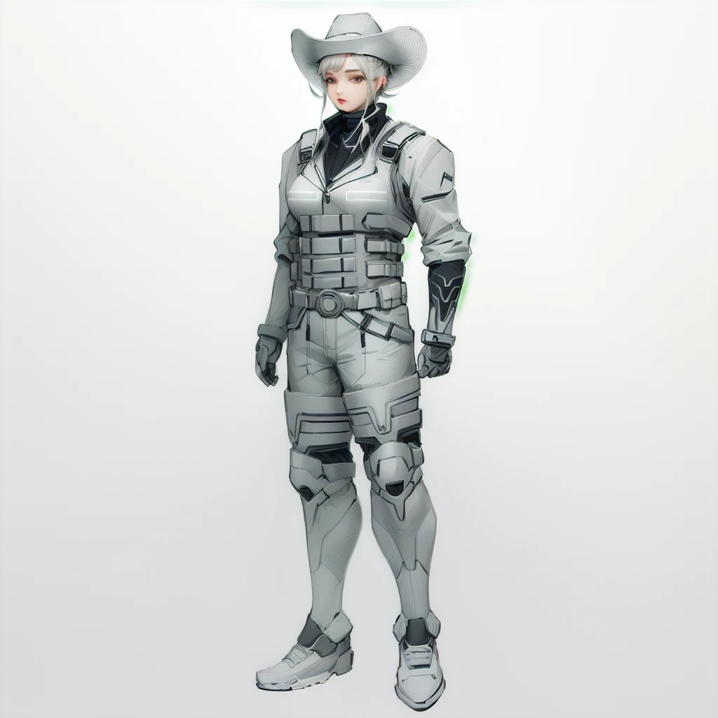 Enhance render style, female full grey uniform, grey outfit, grey color scheme, monochrome, white background,