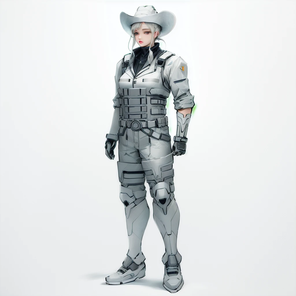 Enhance render style, female full grey uniform, grey outfit, grey color scheme, monochrome, white background,