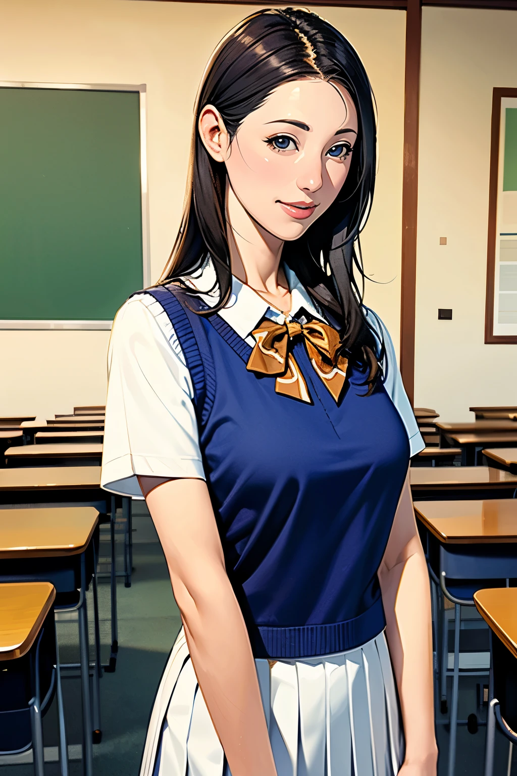 (masterpiece:1.2, Highest quality), (Realistic, photoRealistic:1.4), Beautiful illustrations, (Natural Side Lighting, Cinema Lighting), Written boundary depth, Looking at the audience, (Face Focus, Upper Body), Front view, 1 Girl, English, high school girl, 15 years old, Perfect Face, Cute symmetrical face, Shiny skin, (Bob Hair:1.7,blonde), Asymmetrical bangs, Big eyes, Droopy eyes, long eyelashes chest), thin, Beautiful Hair, Beautiful Face, Beautiful and beautiful eyes, Beautiful clavicle, Beautiful body, Beautiful breasts, Beautiful thighs, Beautiful legs, Beautiful fingers, ((High-quality fabric, brown knit vest, Short sleeve white collar shirt, Navy Pleated Skirt, Navy bow tie)), (Beautiful views), evening, (School classroom:1.1), Are standing, (smile, Superior, Open your mouth),