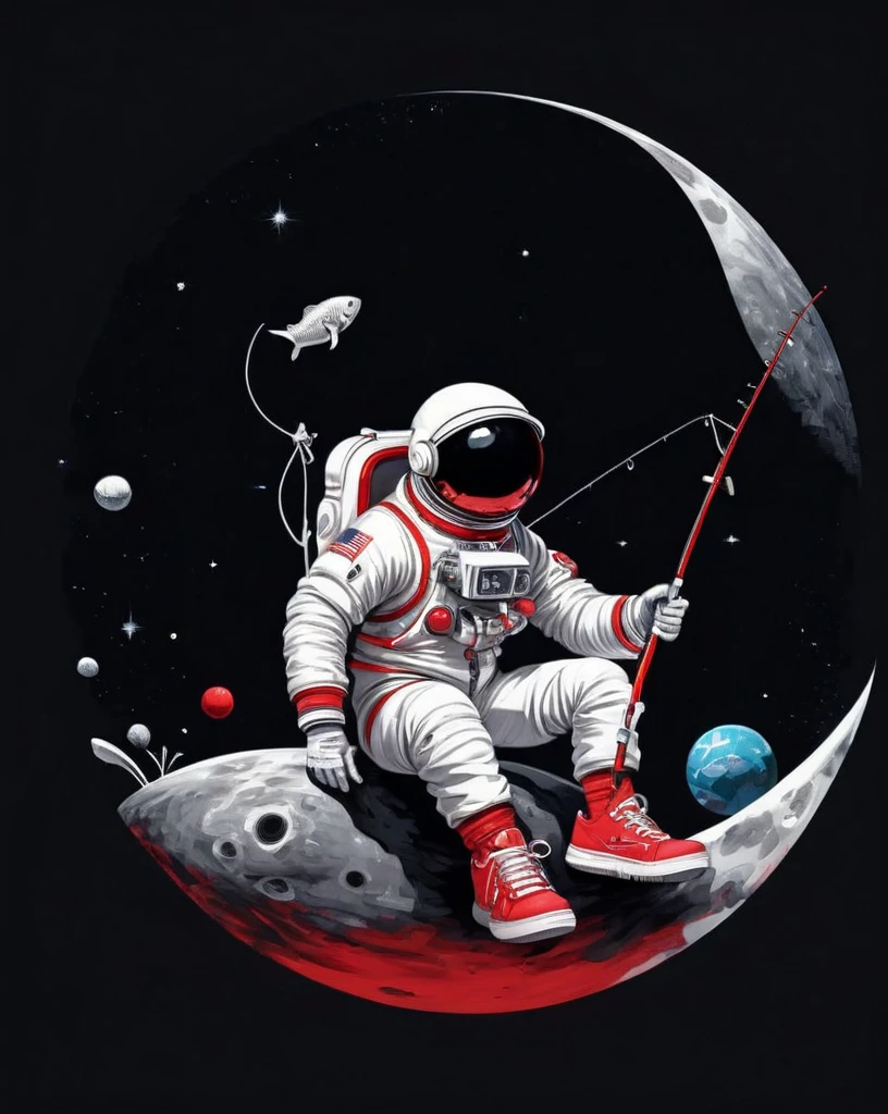 astronaut sitting on a small planet holding a fishing rod, wearing red and white sneakers, illustration, stylish, text logo: space, flat-colors, (black backdrop), High definition, 8K