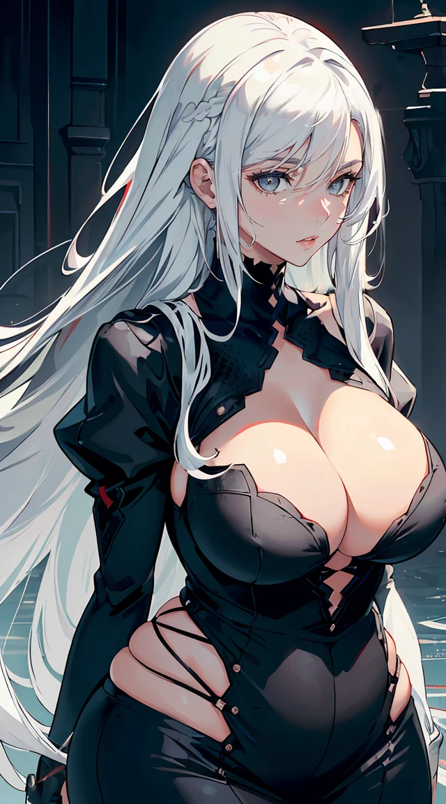 Photograph of the upper body of a beautiful woman, , breasts big, perfectbody), sharp focus, (Plump body, mature woman), ((looking straight ahead)), (highly detailed skin, hair follicles:1.4,) (long hairstyle , White hair, grey-eyed) , (that's why:1.47),(black leather skirts),(fur jacket),chain , cross necklace , cross chain, city scenery , punk , night light , high qualiy ,cold expression, a leather gloves , biker style , great , street clothes , leve sexy, handsome older woman (((Long white hair))) (((Ponytail)) (((Red eyes)))(((Fierce expression)))