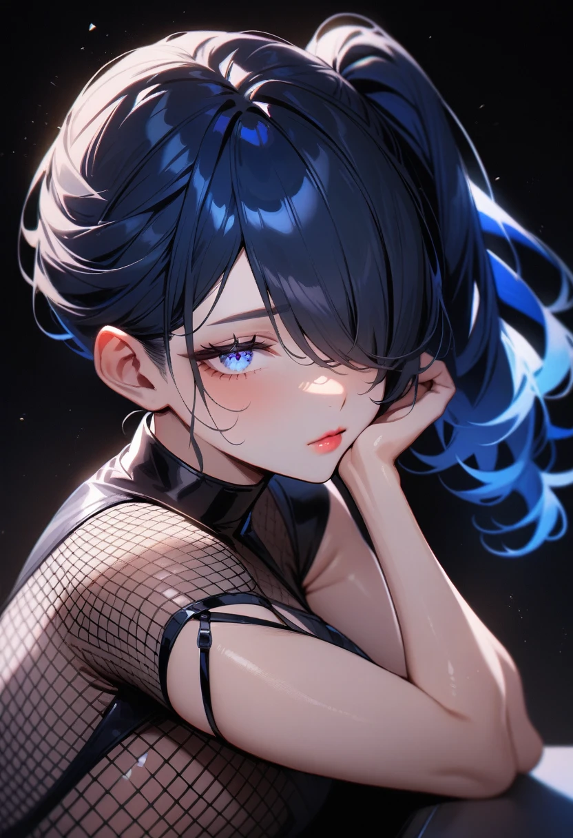 1girl,solo,super detailed skin,shiny skin,expressionless face,lips gloss,eyelashes,glowing blue eye,blue hair,hair over one eye,half open eye,eyelashes,lips gloss,side ponytail,large breasts,fishnet,Black boots,sitting ,head rest,from side ,simple background ,masterpiece,best quality,ultra detailed,high resolution,sharp focus,depth of field