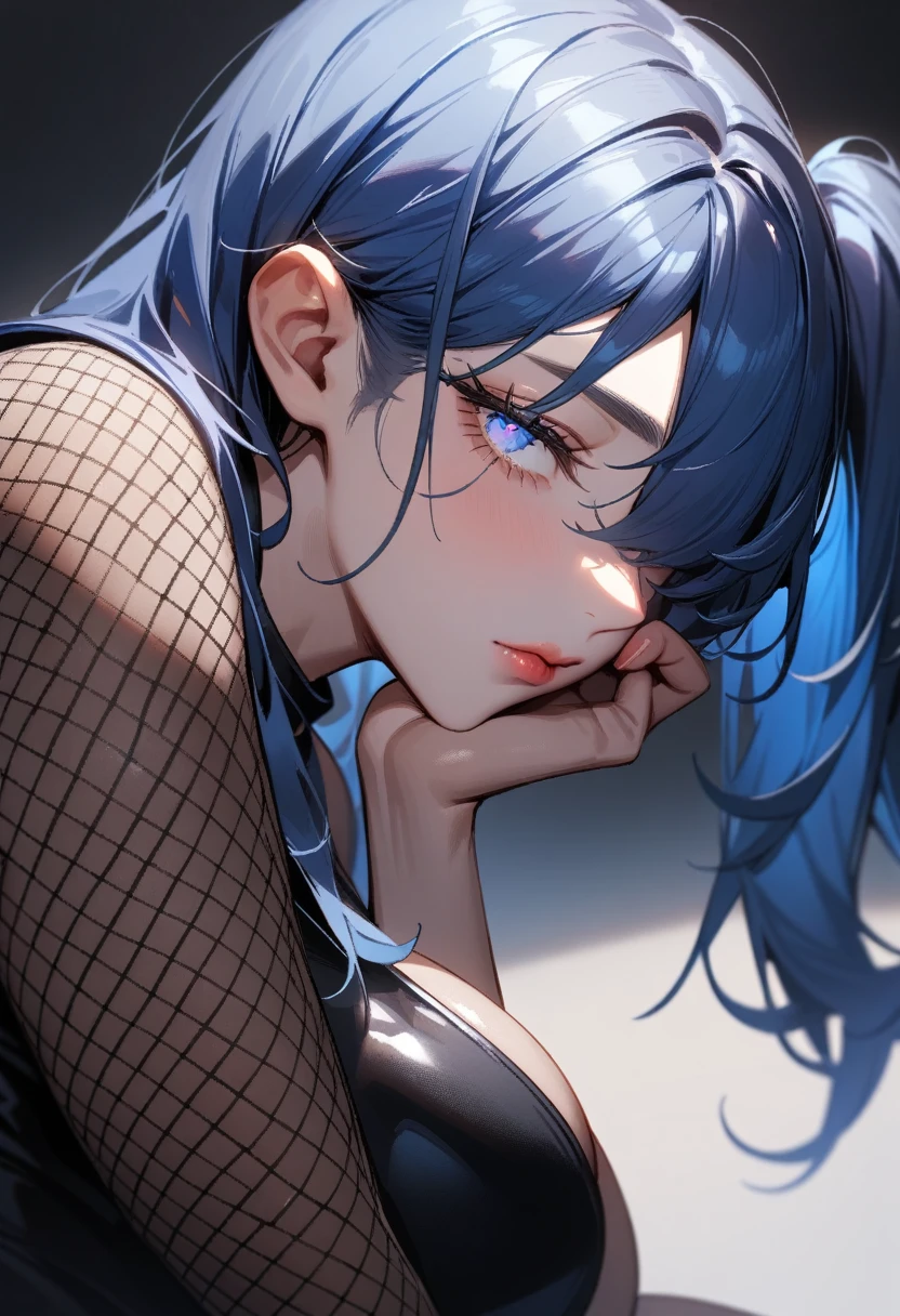 1girl,solo,super detailed skin,shiny skin,expressionless face,lips gloss,eyelashes,glowing blue eye,blue hair,hair over one eye,half open eye,eyelashes,lips gloss,side ponytail,large breasts,fishnet,Black boots,sitting ,head rest,from side ,simple background ,masterpiece,best quality,ultra detailed,high resolution,sharp focus,depth of field