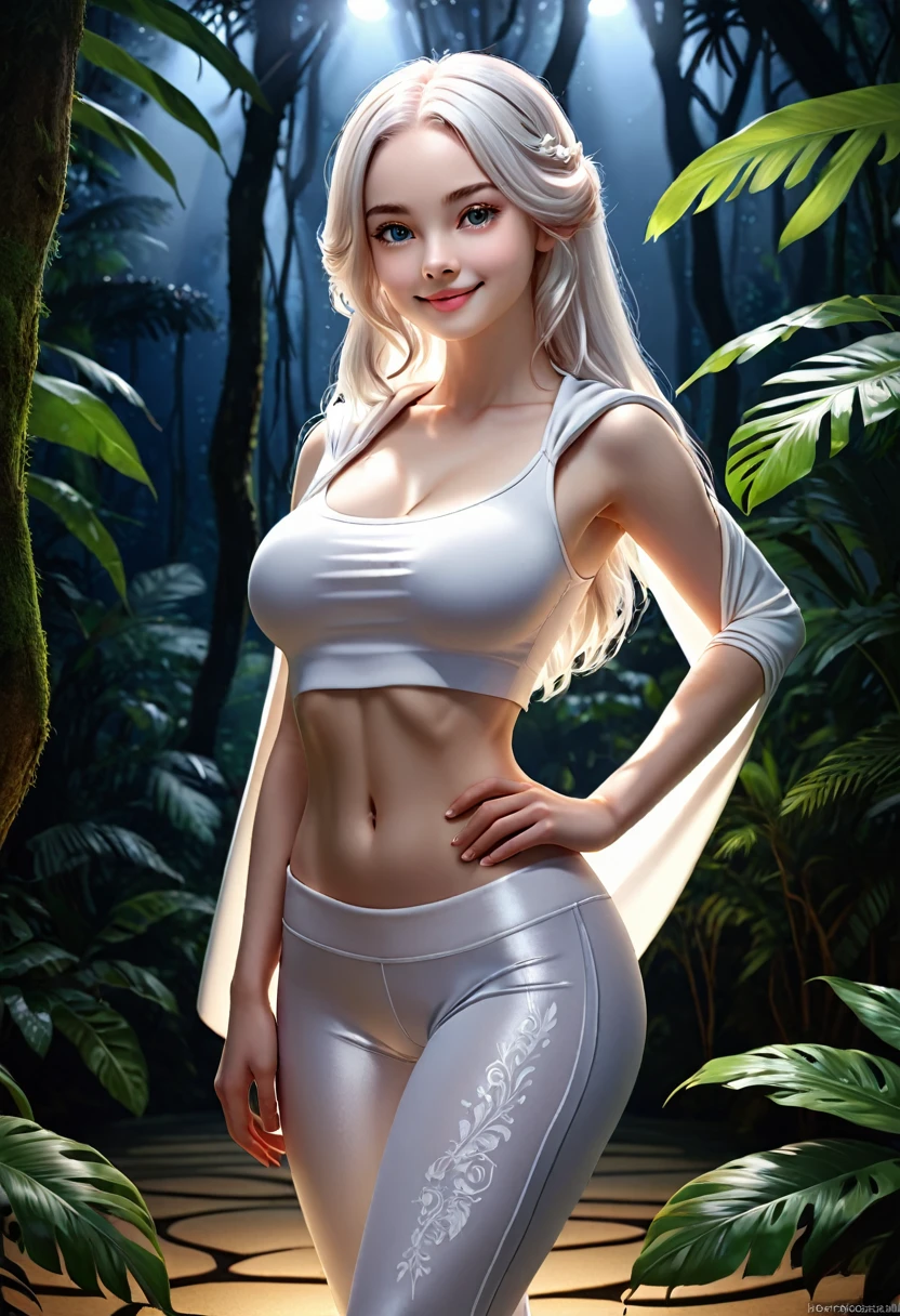 Beautiful women with white porcelin skin. long wavey, pure-white-hair. White yoga pants, white yoga top. white cloak . extremely beautiful model, female, perky breasts,Wide Smile, Eyes Detailed & Wide, sexy Pose. Ultra HD, Rococo-Inspired Fantasy Art With Intricate Details. Cute, Charming Expression, Alluring-Gaze, looking at viewer Beautiful Eyes, An-Ideal-Figure. Large Youthful Well-Shaped-Breasts, Attractive ass showcased. Massive-Round-Bosom, slim waist, fit body, full lipsWarm lights , woman in a dreamy tropical rainforest at night, , delicate face, realistic, real, slim, large aperture, sexy shots, attractive poses. symmetrical face, photorealistic, photography, path tracing, specular lighting, volumetric face light, path traced hairmaximum quality{(masutepiece) (8K High Resolution) (top-quality). Karen Gillan with white hair.
