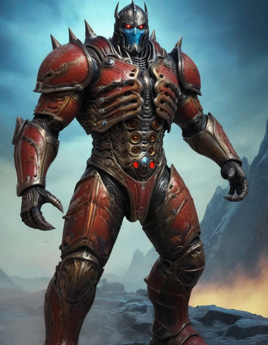 illustration,
full body,
Lich King,
titan,
god,
giant,
tall,
tail,
cape,
robot,
hybrid,
red skin,
steam punk,
cyberg,
red flesh,
claws,
muscular,
sauron,
XENO,
military uniform,
combat suit,
exoskeleton,
red and yellow green colors,
background blue mist,
action pose,
looking at viewer,
dynamic light,
ultra detail,
full detail, 
8k best quality,
realistic, 8k, 
micro intricate,
masterpiece,
blizzard