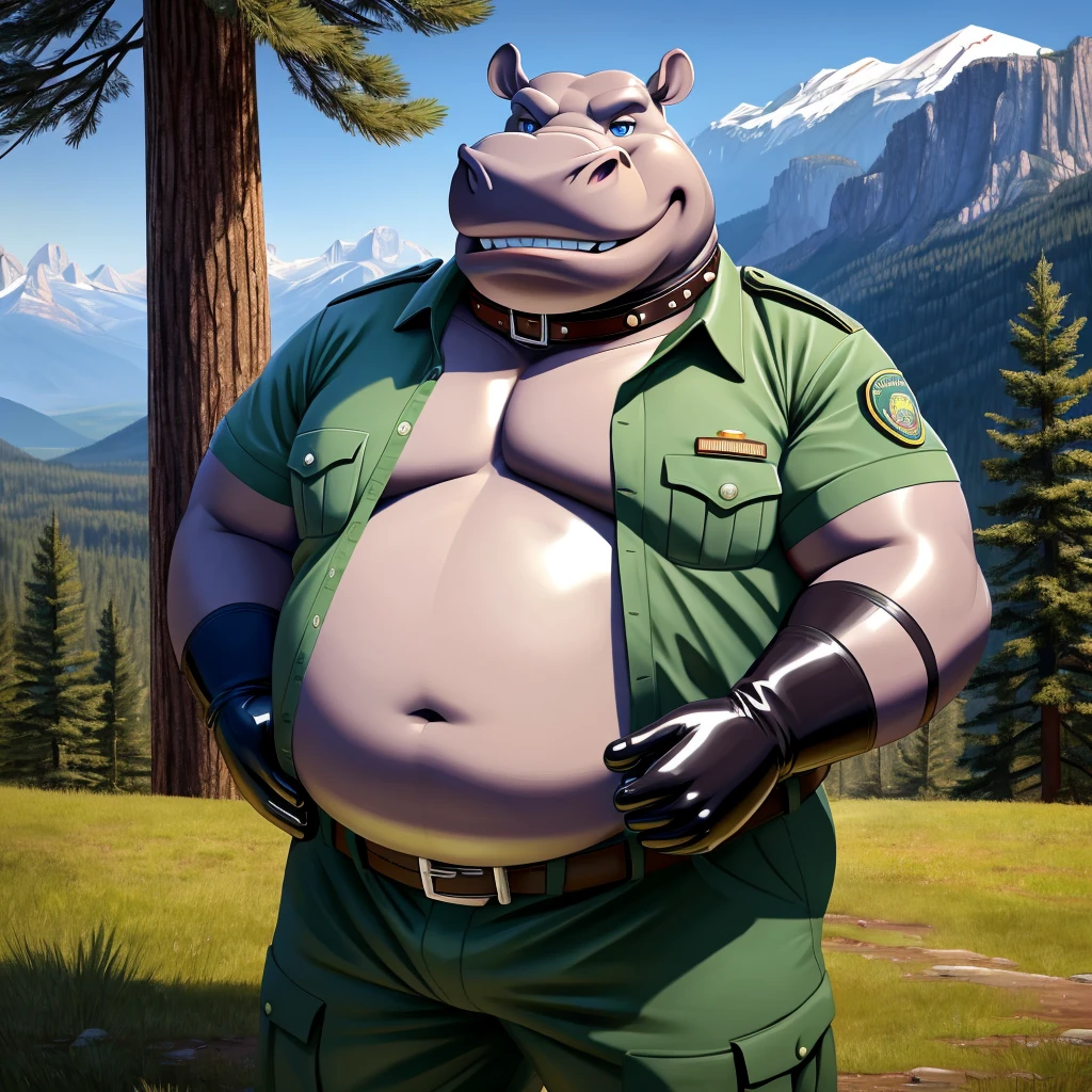 solo, full body, Male, fat, extremely obese, Hippopotamus, park ranger, trousers, outdoor, park ranger uniform, collared shirt with buttons, blue eyes, (soft shading), 4k, hi res, ((detailed face, detailed)), looking at viewer, evil grin, Hippopotamus is wearing the collared shirt and leather collar at the same time, Hippopotamus is wearing a glossy leather dog collar around the neck, Hippopotamus is wearing white rubber gloves on the hands, white rubber gloves on the feet, gloves are rubber in texture, leather collar is shiny, leather collar is extremely detailed, rubber gloves are glossy, Evergreen pine forest and mountains national park in the background, Environmental protection area.