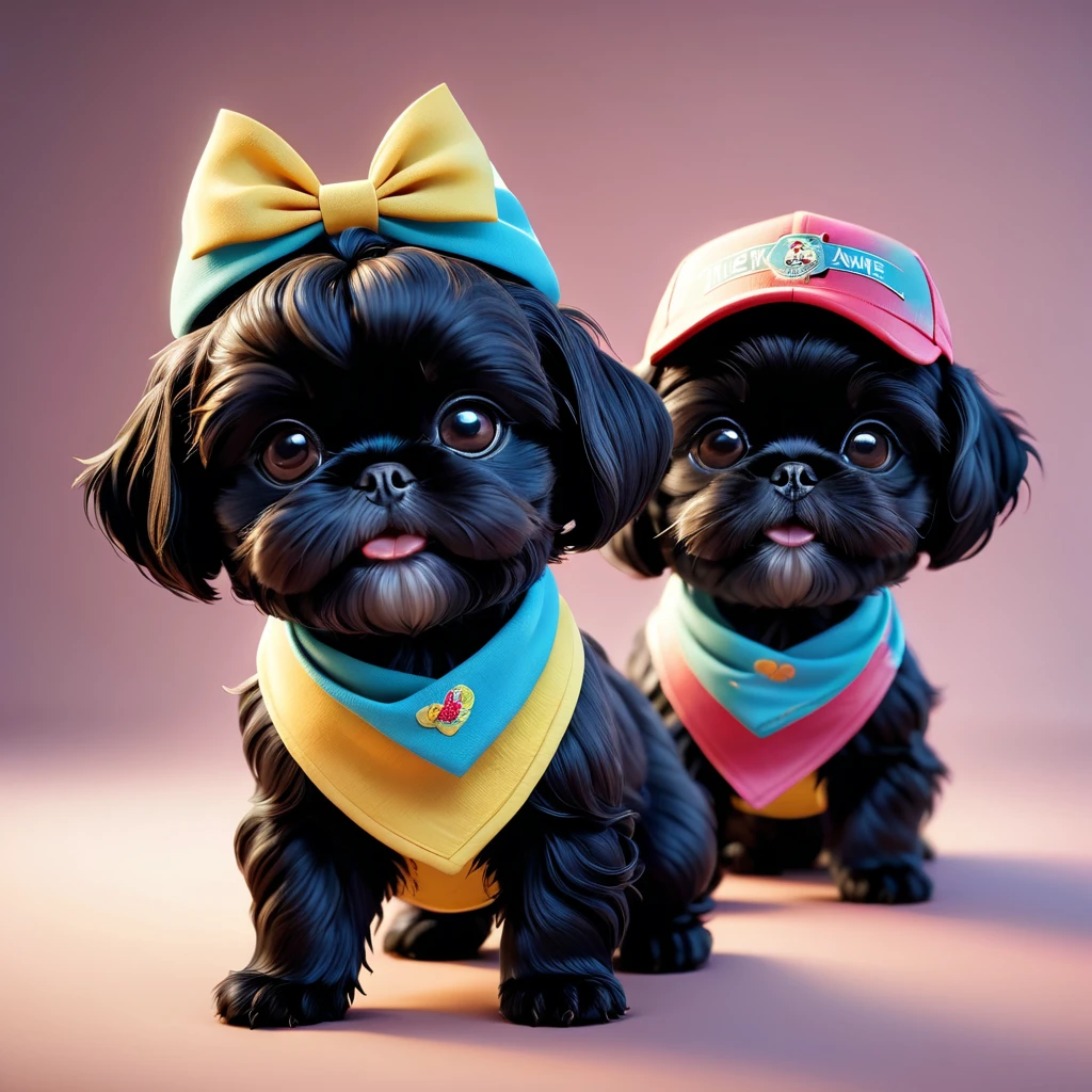 2 adorable small black shih tzu puppies, wearing bright bandannas and sunglasses, playing baseball, disney cartoon 3d render, disney pixar style, cute, photorealistic, 8k, best quality, ultra-detailed, vibrant colors, dynamic lighting, whimsical, playful, cinematic