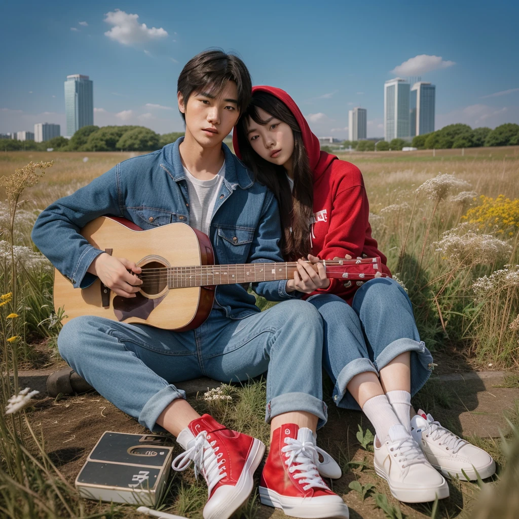 real potrait, long shot, full body, a Korean man with short hair wearing blue flannel wearing jeans wearing red shoes, is holding a guitar, Beside him was a Korean woman with long hair wearing a red hoodie, wearing jeans, white shoes, sitting together in a field full of weeds, romantic atmosphere, clear blue sky, charming bright colors