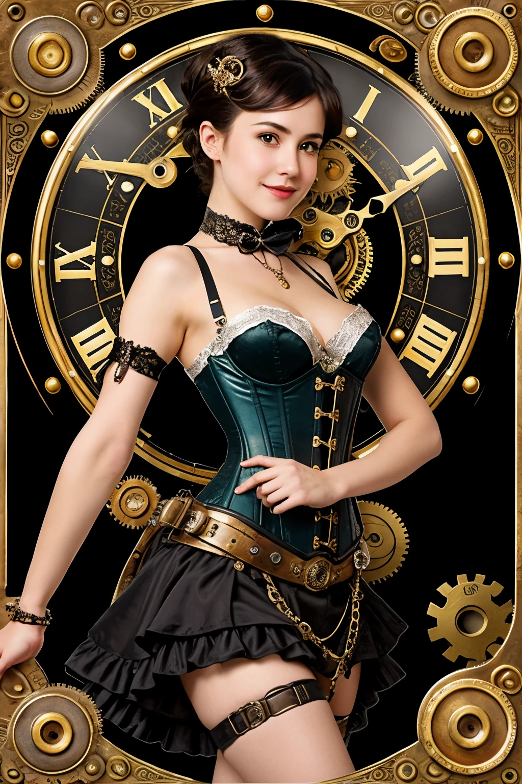Create an anime-style steampunk pixie character. She should have delicate, mechanical wings with intricate gears and cogs, shimmering with a metallic sheen. Her outfit blends Victorian elegance with steampunk elements, featuring a tiny top hat adorned with goggles, a corset with brass details, and a layered skirt with lace and leather accents. She wields a small, steam-powered gadget that adds both charm and utility to her character. Surround her with an industrial fantasy background filled with airships, clock towers, and steam pipes. Capture her mischievous yet endearing personality through her expressive, large anime eyes and playful pose