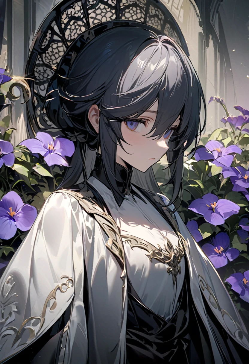 Personnage Hybride Humain-Animal-Cyborg : Un personnage hybride avec des caractéristiques humaines comme les membres de son corps et animales comme son visage inspiré par les animaux et les images précédentes aux cheveux violets. Ils ont des yeux parfaitement dessinés, des cheveux avec des rayonnements légers de blanc ou dorés, et une fourrure détaillée avec des nuances de noir, blanc et gris. Le fond est sombre, mettant en valeur les détails du personnage. Chef d'oeuvre; haute qualité, 8K, fille éblouissante, habillée très vintage en noir, blanc, gris et doré; aux yeux parfaits et égaux, des cheveux avec des rayonnements légers de blanc, dorés et rouge-fucsia, bordeaux; le thème des motifs tourbillonnants en noir et blanc émanant de ses cheveux et ses épaules reste!, conserver l'esthétique à contraste élevé avec un fond sombre, continuité en le design. Le background est toujours noir ou sombre mettre en valeur le personnage qui regarde le spectateur, au regarde doux et tendre.