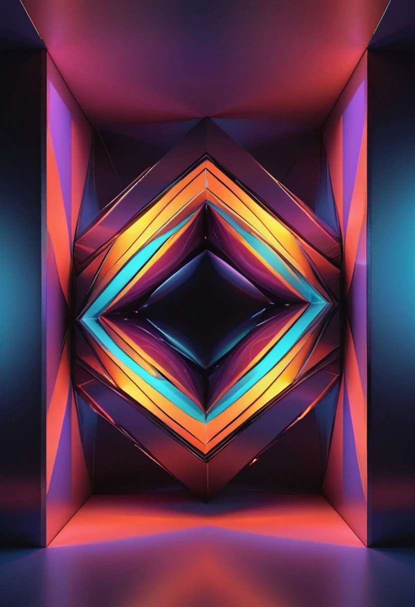 Large geometric shapes,Abstract,colorful,Sharp Edges,Striking contrast,3D Rendering,Complete minimalism,Saturated colors,Illuminated from the inside,Glowing Lines,Vivid neon lights,Ultra-modern aesthetics,Unreal atmosphere,fluid motion,Physical energy,Larger than life,Impressive scale,Complex Pattern,Symmetrical Configuration,Dynamic Angle,Seductive optical illusion,Immersive spatial experience,Hypnotic effect,Textured Surfaces,Bold geometric shapes,Perfectly balanced ratio,A monumental presence,Visual impact,Breathtaking symmetry,How much to learn the accuracy,impossible . masterpiece, Highest quality, so beautiful, Absurd, otclillsn