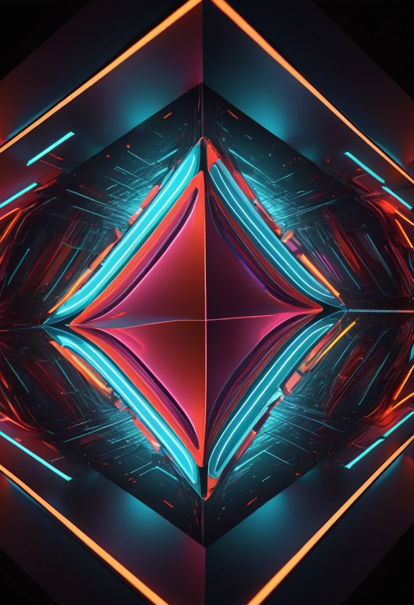 Large geometric shapes,Abstract,colorful,Sharp Edges,Striking contrast,3D Rendering,Complete minimalism,Saturated colors,Illuminated from the inside,Glowing Lines,Vivid neon lights,Ultra-modern aesthetics,Unreal atmosphere,fluid motion,Physical energy,Larger than life,Impressive scale,Complex Pattern,Symmetrical Configuration,Dynamic Angle,Seductive optical illusion,Immersive spatial experience,Hypnotic effect,Textured Surfaces,Bold geometric shapes,Perfectly balanced ratio,A monumental presence,Visual impact,Breathtaking symmetry,How much to learn the accuracy,impossible . masterpiece, Highest quality, so beautiful, Absurd, otclillsn