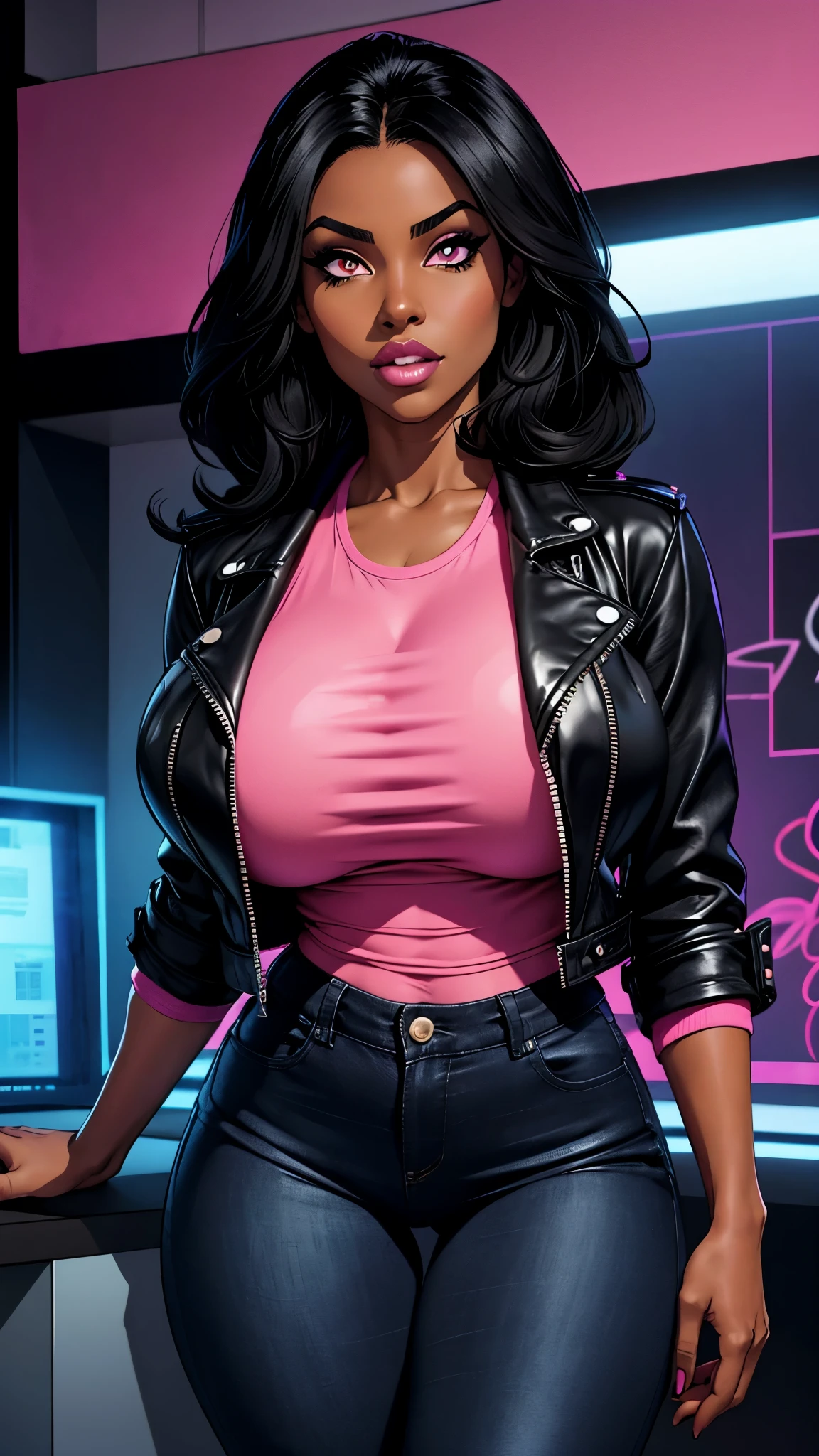 african, dark skin,black woman,beautiful detailed eyes,black hair,longeyelashes,fluorescent pink shirt,black jeans,blue leather jacket,big tits,big legs,busty. Comic style