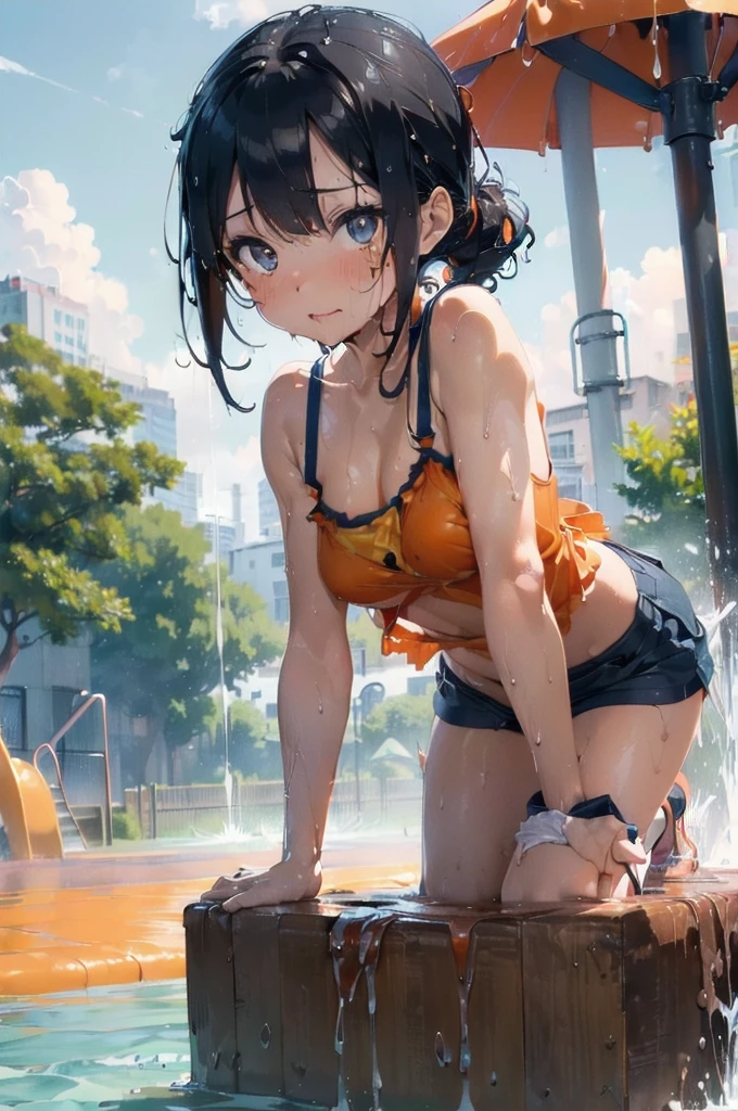 (Dripping wet with slippery erotic lotion:1.4),(Orange swimsuit((Orange camisole)),Navy blue piping),(Navy blue shorts),Black Hair,(Water playground in the park:1.2),(Leaning forward pose:1.4),