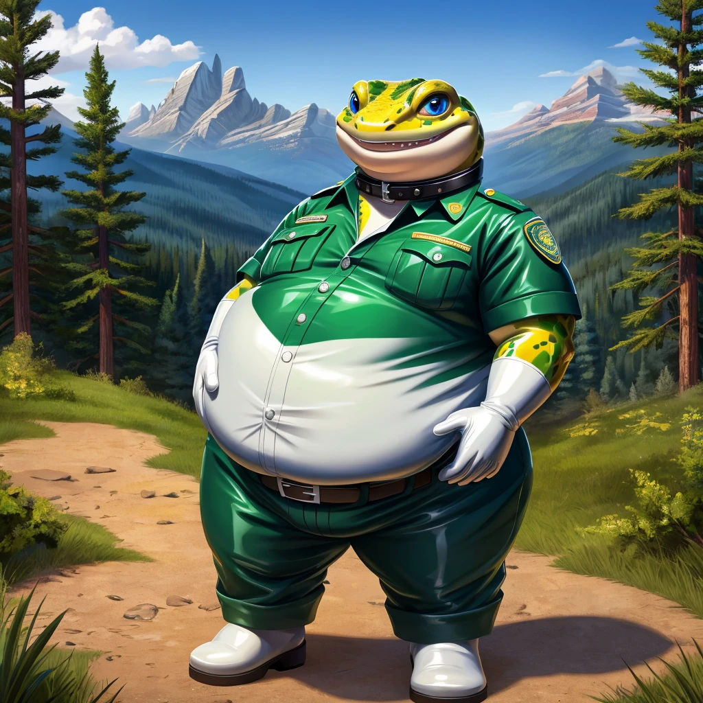 solo, full body, Male, fat, extremely obese, Gecko, park ranger, trousers, outdoor, park ranger uniform, collared shirt with buttons, blue eyes, (soft shading), 4k, hi res, ((detailed face, detailed)), looking at viewer, evil grin, Gecko is wearing the collared shirt and leather collar at the same time, Gecko is wearing a glossy leather dog collar around the neck, Gecko is wearing white rubber gloves on the hands, white rubber gloves on the feet, gloves are rubber in texture, leather collar is shiny, leather collar is extremely detailed, rubber gloves are glossy, Evergreen pine forest and mountains national park in the background, Environmental protection area.