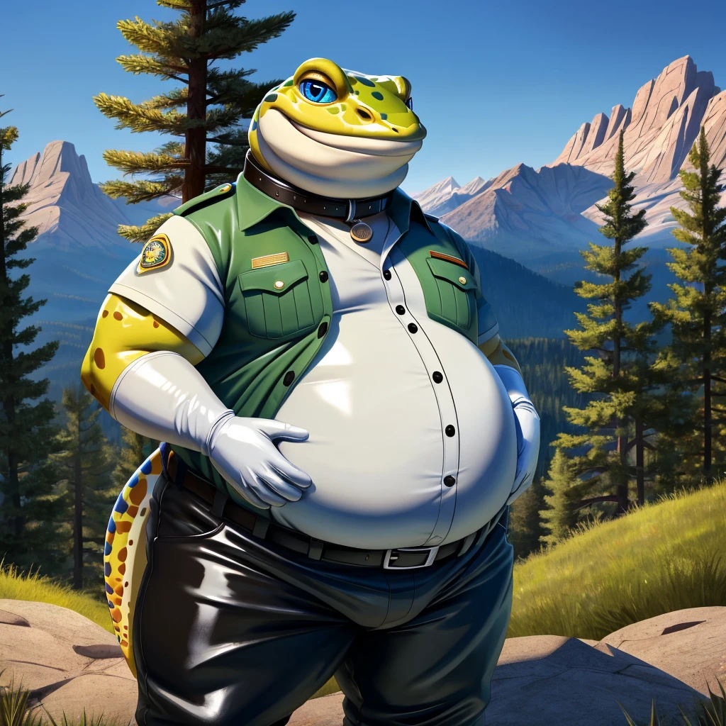 solo, full body, Male, fat, extremely obese, Gecko, park ranger, trousers, outdoor, park ranger uniform, collared shirt with buttons, blue eyes, (soft shading), 4k, hi res, ((detailed face, detailed)), looking at viewer, evil grin, Gecko is wearing the collared shirt and leather collar at the same time, Gecko is wearing a glossy leather dog collar around the neck, Gecko is wearing white rubber gloves on the hands, white rubber gloves on the feet, gloves are rubber in texture, leather collar is shiny, leather collar is extremely detailed, rubber gloves are glossy, Evergreen pine forest and mountains national park in the background, Environmental protection area.