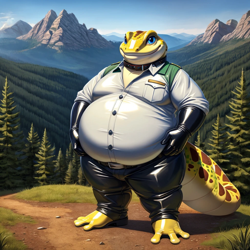 solo, full body, Male, fat, extremely obese, Gecko, park ranger, trousers, outdoor, park ranger uniform, collared shirt with buttons, blue eyes, (soft shading), 4k, hi res, ((detailed face, detailed)), looking at viewer, evil grin, Gecko is wearing the collared shirt and leather collar at the same time, Gecko is wearing a glossy leather dog collar around the neck, Gecko is wearing white rubber gloves on the hands, white rubber gloves on the feet, gloves are rubber in texture, leather collar is shiny, leather collar is extremely detailed, rubber gloves are glossy, Evergreen pine forest and mountains national park in the background, Environmental protection area.