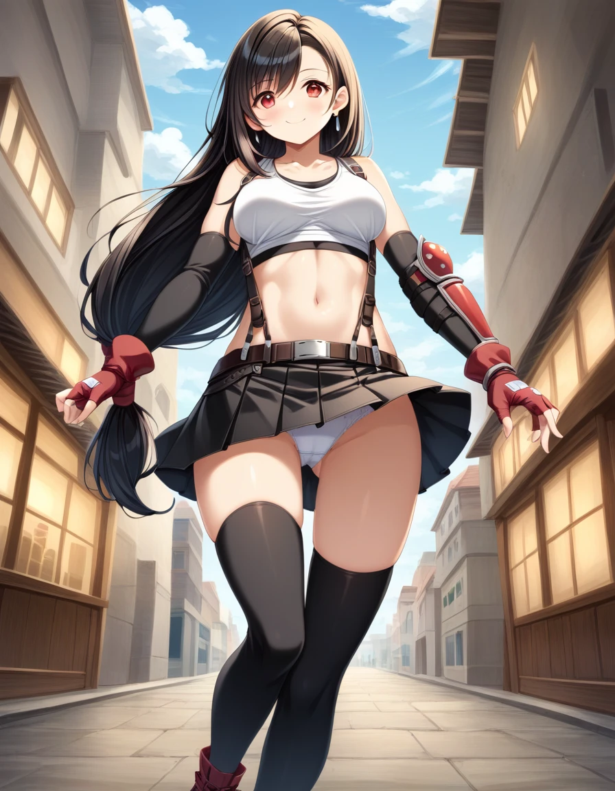 score_9, score_8_up, score_7_up,,rating_safe ,(from below.front_view ,(soro focus),standing,straight-on,,,(upperbody:1.5),looking_at_viewer ,1girl, tifa lockhart, final fantasy, tareme,black hair, low-tied long hair, red eyes, bangs, [white tank top], belt, pleated skirt, thighhighs, elbow fingerless gloves, elbow pads, midriff, navel,suspender skirt . ,(large_breasts),(perky breasts;1,2),,light smile,panties shot,,Solo,,(daytime and beachside and city),detailed skin,(masterpeace),(best quality),(aesthetic,very aesthetic),,highly detailed),,professional lighting,cinematic lighting, running,dancing breast,