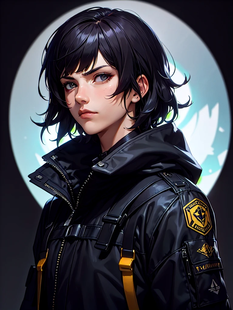 ((Portrait)), He has a Stoic and Nonchalant Appearance, with Youthful Charm and a Slim, Slightly Fit Build. He Expresses an Indifferent and Lazy Look, Giving Off a Carefree Attitude. He has Light Gray Eyes, His Hair is Short and Tousled, Jet Black, with Uneven Bangs. He Wears a Oversized, Black Bomber-Style Tactical Coat, with Hood and Tactical Straps. ((Portrait, HDR, Dark Background))