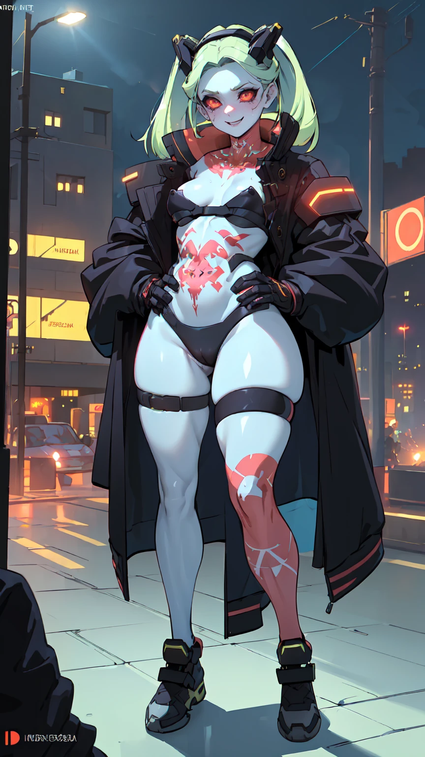 work of art, best qualityer, ultra detali, illustration, epic lighting, film composition, 1 girl, cute, red sclera,red pupils, cyborg, tatoo, hair green, colored fur, breasts small, Black jacke, standing, legs apart hands with black gloves with yellow details, lovely gaze, captivating pose, trunk:1.1, gazing at viewer, pretentious smile, cloused mouth, plein-air, citys, cyber punk, neon lights, Street, (natta, tenebrosa, tenebrosaness, tenebrosa como breu, eyeshadows:1.4), (8K:1.1),